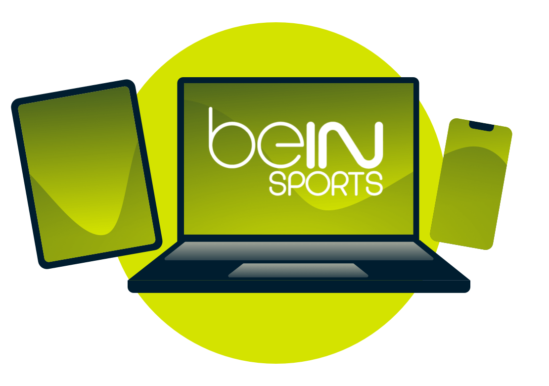 Un computer portatile, un tablet e un telefono, con il logo beIN.