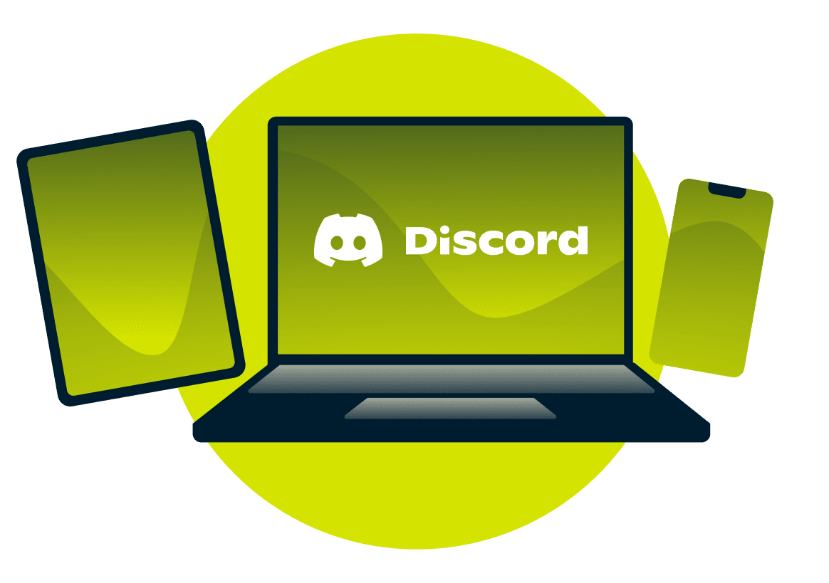 En laptop, surfplatta och telefon med Discord-loggan.