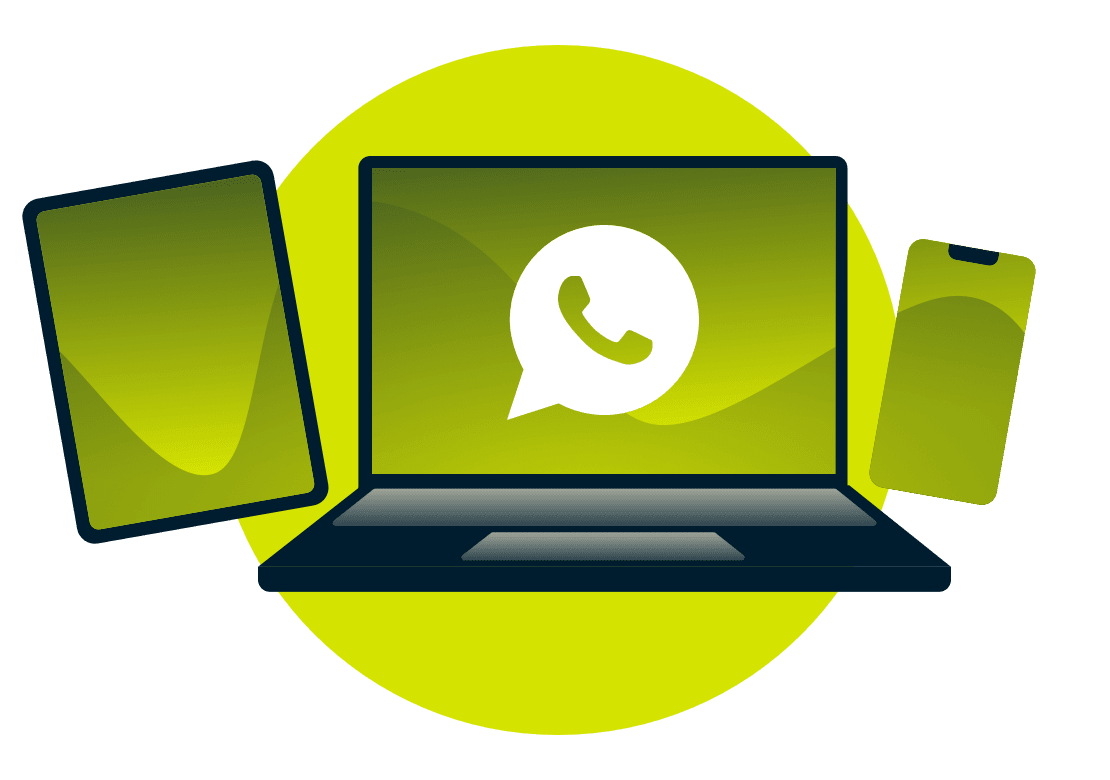 En b&auml;rbar dator, surfplatta och telefon med WhatsApp-logotypen.